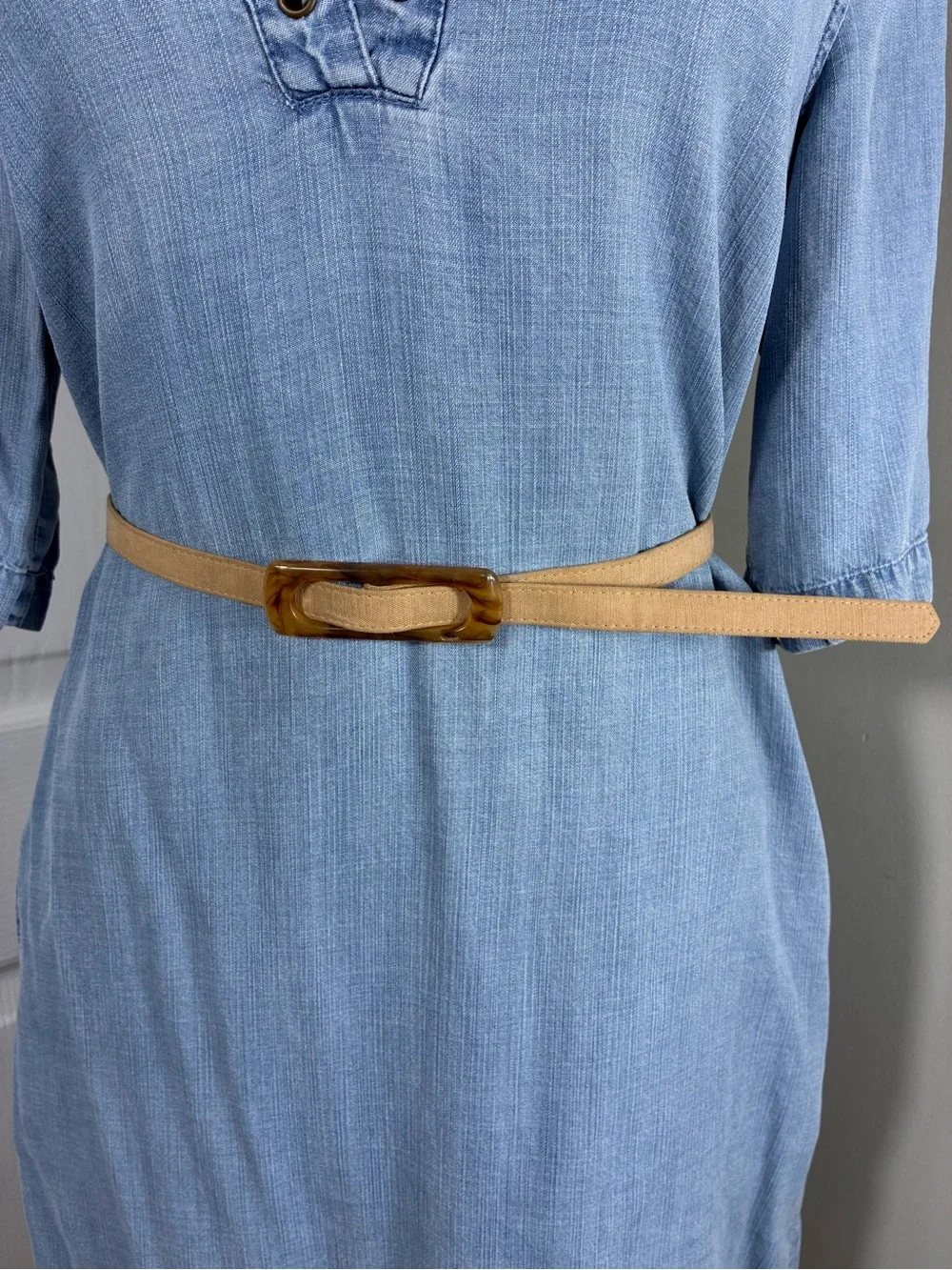 Womens belt 34” Tan fabric covered Tortoiseshell Rectangular Buckle 70s vibe
